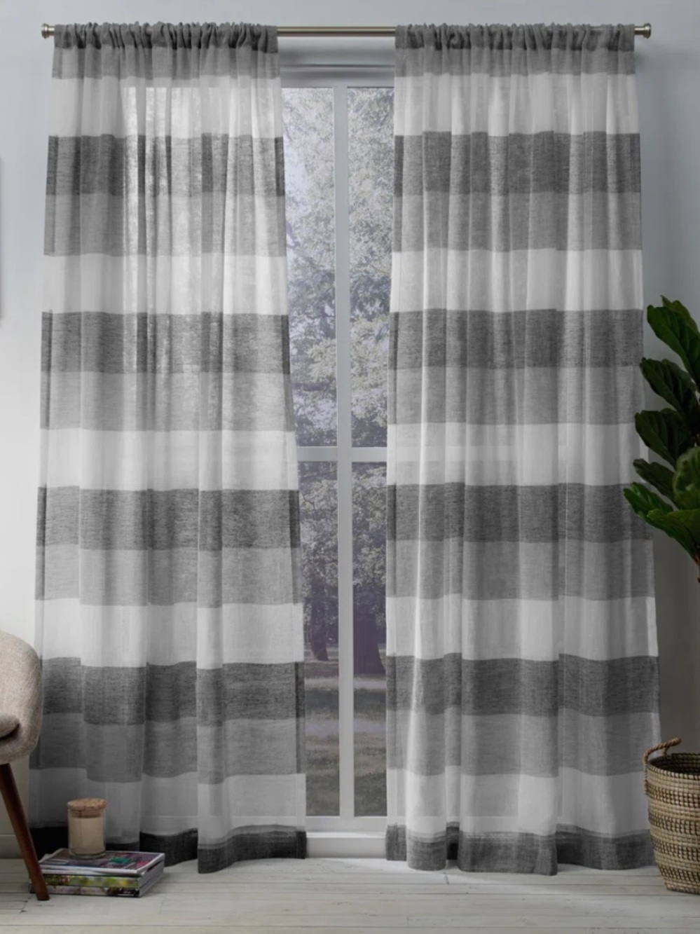 Sheer Striped Window Curtain Panels- Gray set of 4